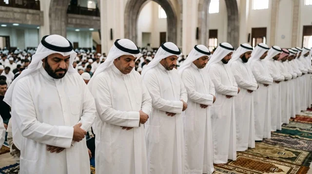 رجال كويتيون يؤدون صلاة العيد بالزي التقليدي في المسجد