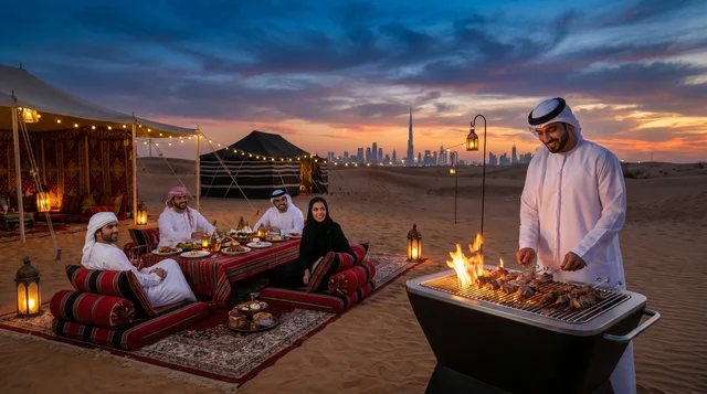 Emirati Family Grilling in Dubai Desert Camp