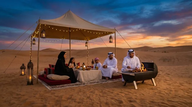 Emirati Family Grilling in Dubai Desert Luxury Camp Emirati Family Grilling in Dubai Desert Luxury Camp
