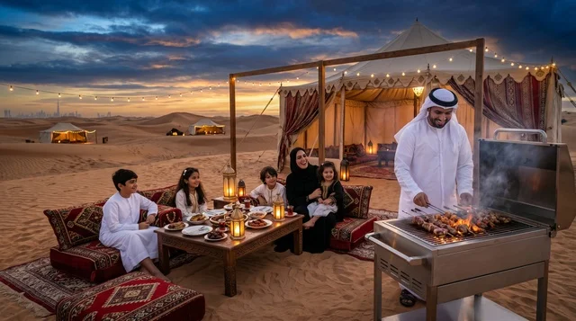 Emirati Family Grilling Meat at Dubai Desert Glamping