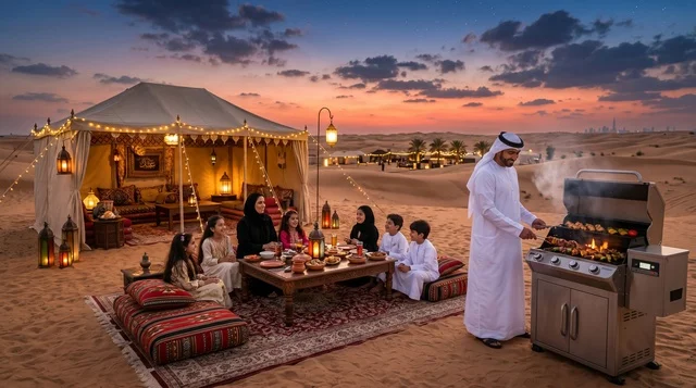 عائلة إماراتية تشوي لحم العيد في مخيم فاخر بصحراء دبي، السياحة الشتوية والجلامبينج في الإمارات.