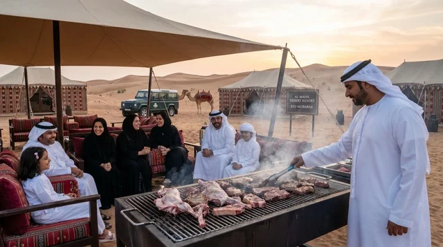 عائلة إماراتية تشوي اللحم في مخيم صحراء دبي