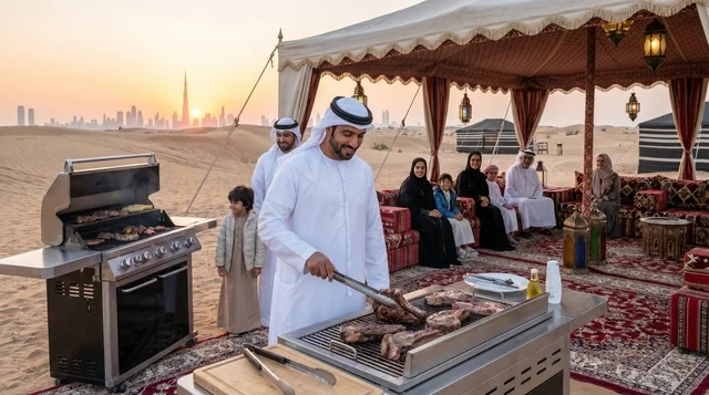 عائلة إماراتية تشوي اللحم في صحراء دبي وقت الغروب