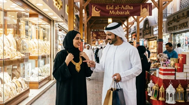 Emirati Couple Shopping at Dubai Gold Souk for Eid