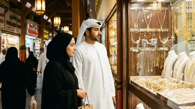 زوج إماراتي يتسوق في سوق الذهب بدبي