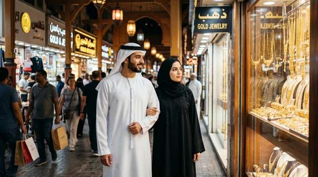 زوج إماراتي في سوق الذهب بدبي ليلاً زوج إماراتي في سوق الذهب بدبي ليلاً