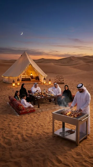 عائلة إماراتية تشوي اللحم في مخيم صحراوي بدبي
