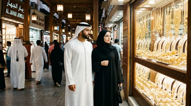زوجان إماراتيان يتسوقان في سوق الذهب بدبي