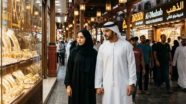 Emirati Couple Shopping at Dubai Gold Souk for Eid