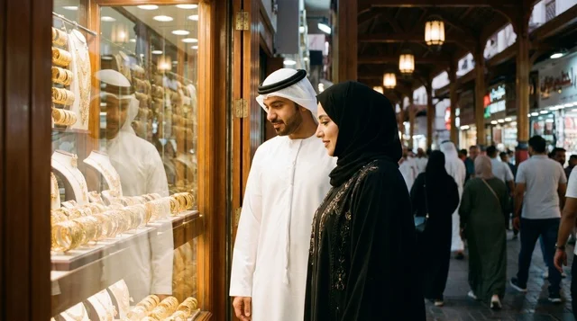 زوجان إماراتيان في سوق الذهب بدبي لتجهيزات العيد