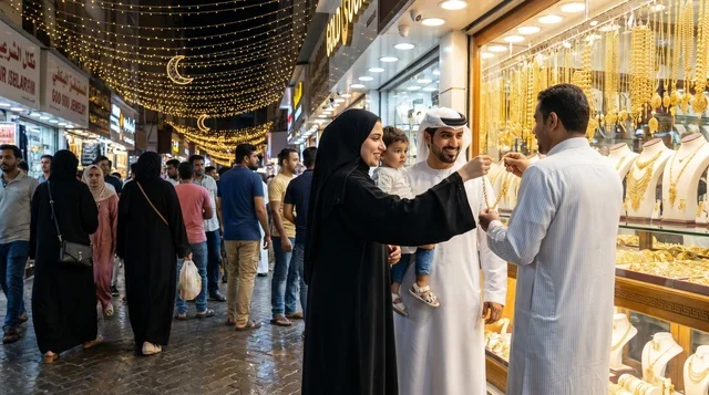 Emirati Family Shopping in Dubai Gold Souq at Night