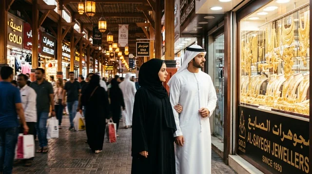 زوج إماراتي في سوق الذهب بدبي للتسوق