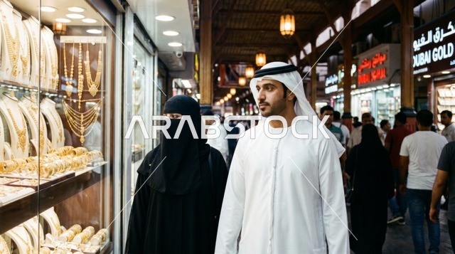 زوج إماراتي يتسوق في سوق الذهب في دبي
