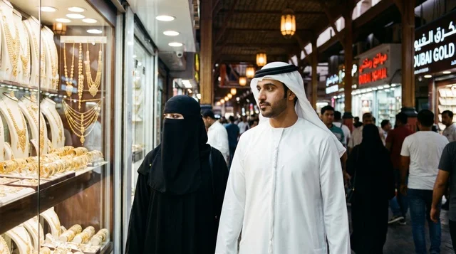Emirati Couple Shopping at Dubai Gold Souk Market
