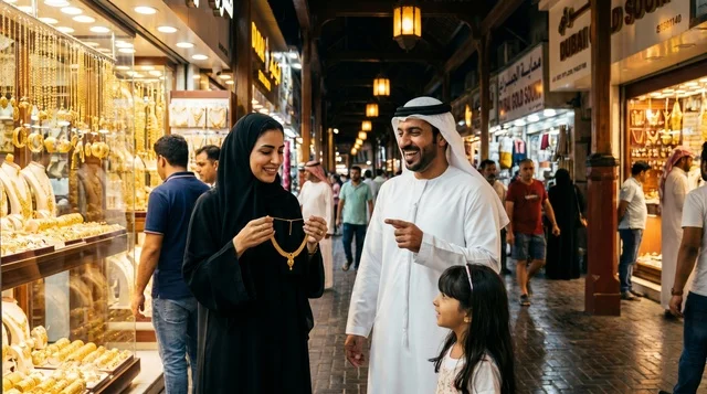 عائلة إماراتية في سوق الذهب بدبي تتسوق للمجوهرات
