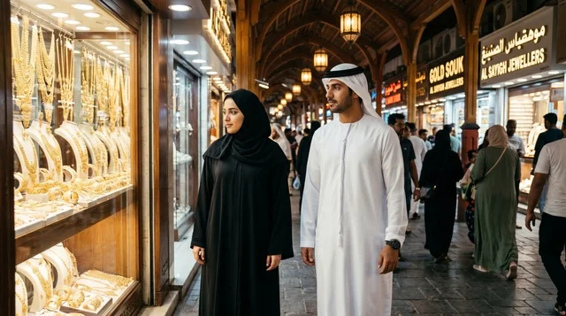 Emirati Couple Shopping for Jewelry at Dubai Gold Souk Emirati Couple Shopping for Jewelry at Dubai Gold Souk