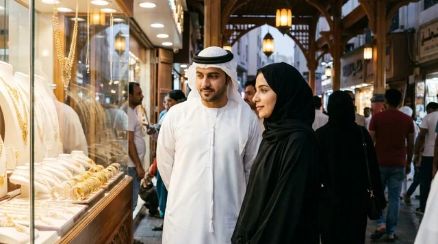 زوجان إماراتيان في سوق الذهب بدبي لشراء المجوهرات