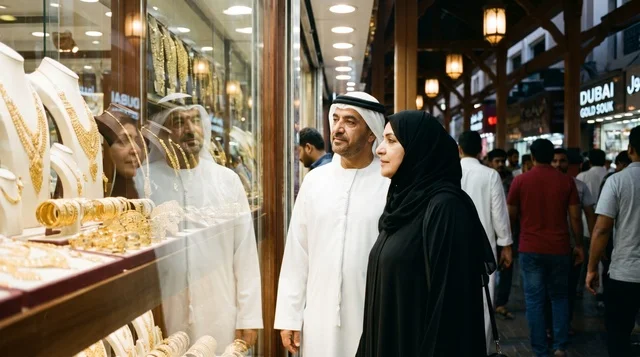 زوجان إماراتيان في سوق الذهب بدبي للتسوق