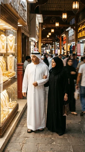 Emirati Couple Shopping at Dubai Gold Souk for Eid