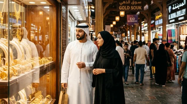 زوجان إماراتيان يتسوقان في سوق الذهب بدبي للعيد
