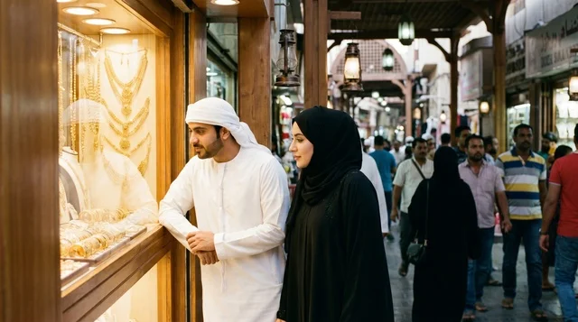 زوج إماراتي يتسوق في سوق الذهب بدبي