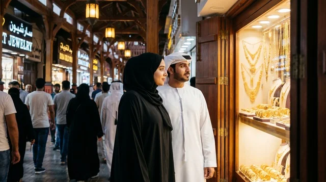 زوجان إماراتيان في سوق الذهب بدبي أمام المجوهرات