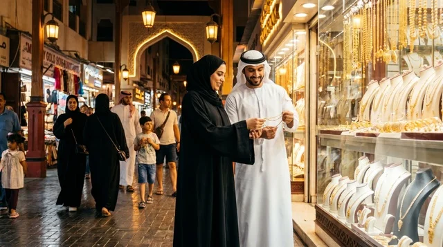زوج إماراتي يتسوق في سوق الذهب بدبي ليلاً