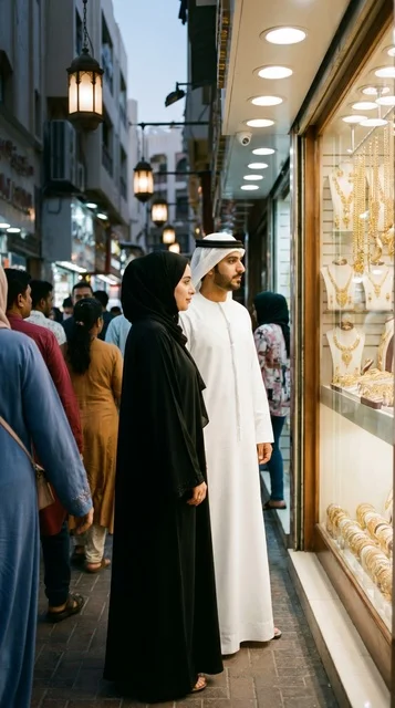 زوج إماراتي يتسوق في سوق الذهب بدبي