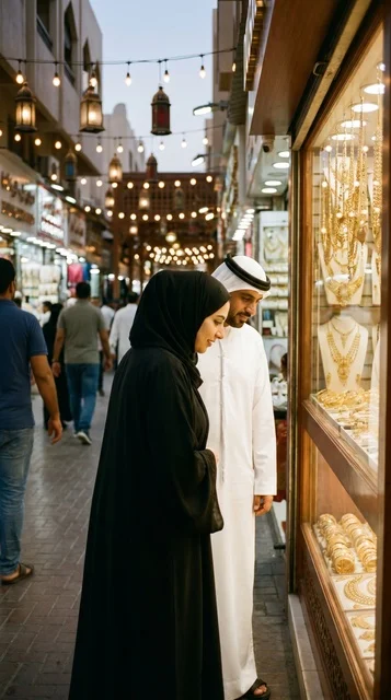 زوجان إماراتيان يتسوقان في سوق الذهب بدبي ليلاً