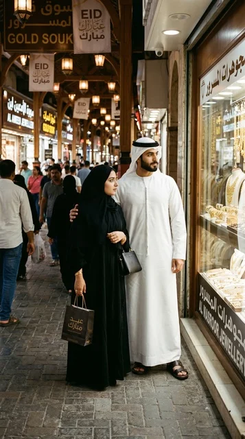 Emirati Couple Shopping at Dubai Gold Souk for Eid