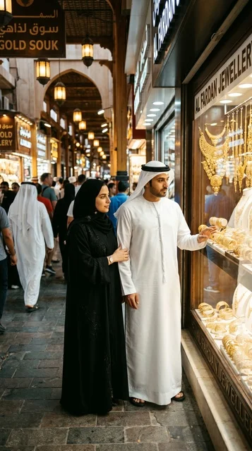 زوج إماراتي يتسوق في سوق الذهب بدبي