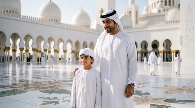 أب وابنه إماراتيين في جامع الشيخ زايد الكبير بأبوظبي