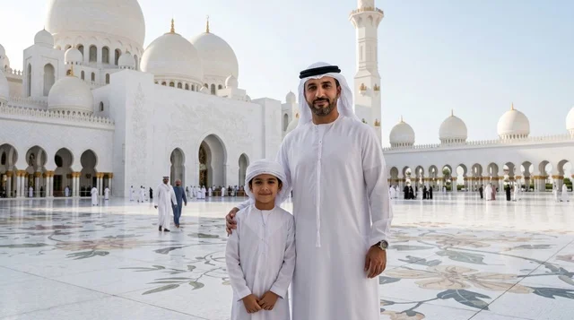 أب وابنه في جامع الشيخ زايد الكبير بأبوظبي