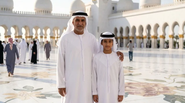 أب إماراتي وابنه في جامع الشيخ زايد الكبير
