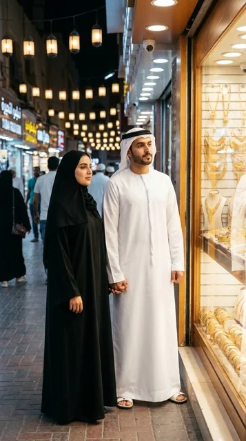 Emirati Couple Shopping at Dubai Gold Souq for Eid
