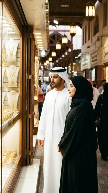 زوج إماراتي يتسوق في سوق الذهب بدبي