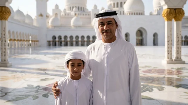 أب وابنه في جامع الشيخ زايد الكبير بأبوظبي
