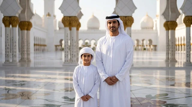أب وابنه في ساحة جامع الشيخ زايد الكبير بأبوظبي