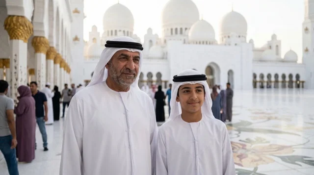Emirati Father and Son at Sheikh Zayed Grand Mosque