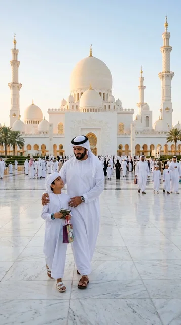 أب وابنه في جامع الشيخ زايد الكبير بأبوظبي