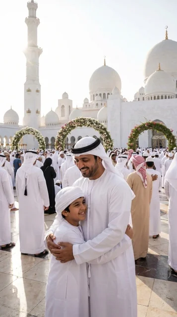 أب وابنه في جامع الشيخ زايد الكبير بأبوظبي صلاة العيد