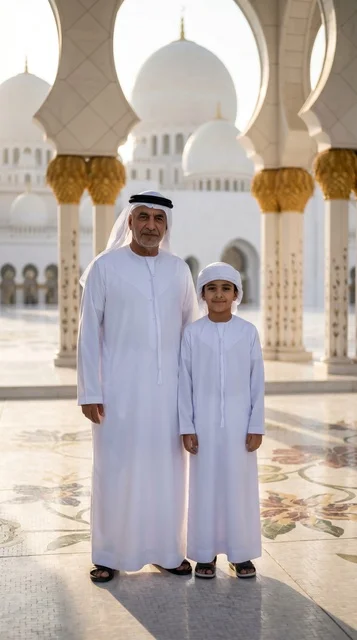 أب وابنه في جامع الشيخ زايد الكبير بأبوظبي