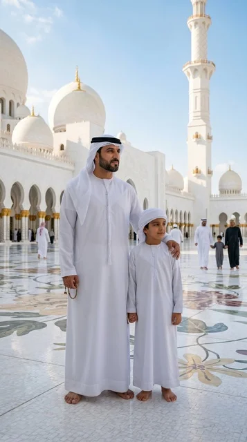 أب وابنه في جامع الشيخ زايد الكبير في أبوظبي