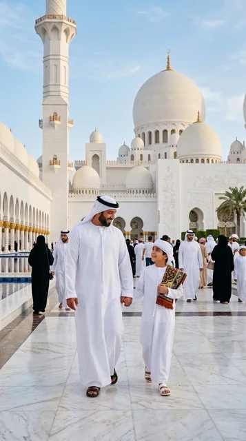 أب وابنه في جامع الشيخ زايد الكبير بأبوظبي