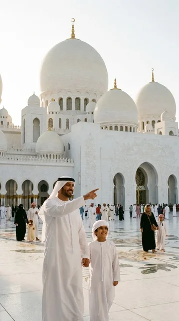 أب وابنه في جامع الشيخ زايد الكبير بأبوظبي