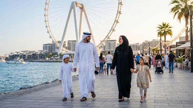 عائلة إماراتية في جزيرة بلوواترز بالقرب من عين دبي