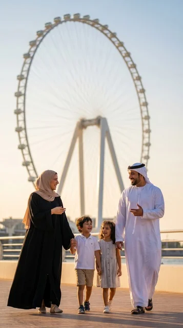 عائلة إماراتية تتنزه في جزيرة بلوواترز قرب عين دبي خلال إجازة عيد الأضحى، السياحة العائلية.