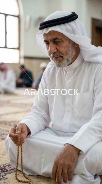 رجل كويتي مسن في المسجد الكبير بالكويت يمسك المسبحة