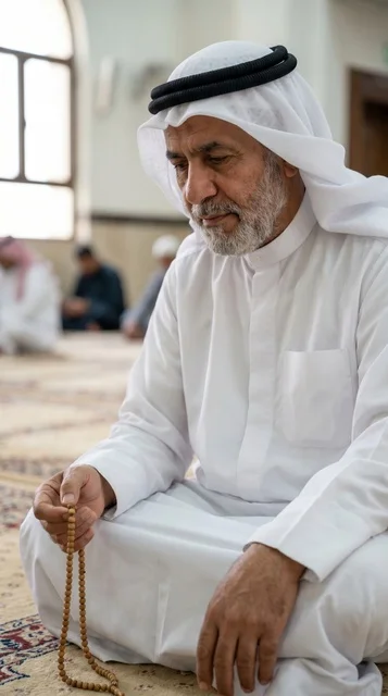رجل كويتي مسن في المسجد الكبير بالكويت يمسك المسبحة