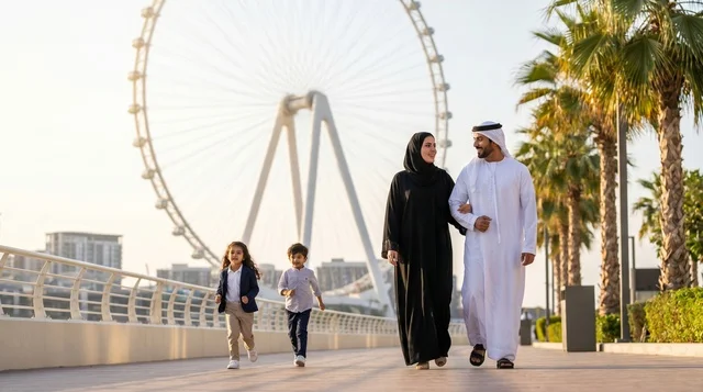 An Emirati family enjoys a picnic on Bluewaters Island near Ain Dubai during the Eid Al Adha holiday, family tourism.